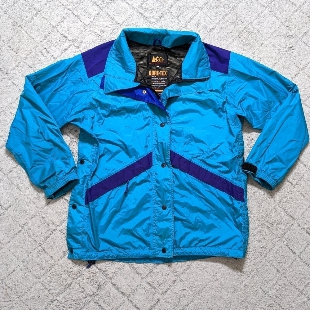 Vintage REI Gore Tex Windbreaker Jacket Women's 12 Neon Green Purple Full Zip.